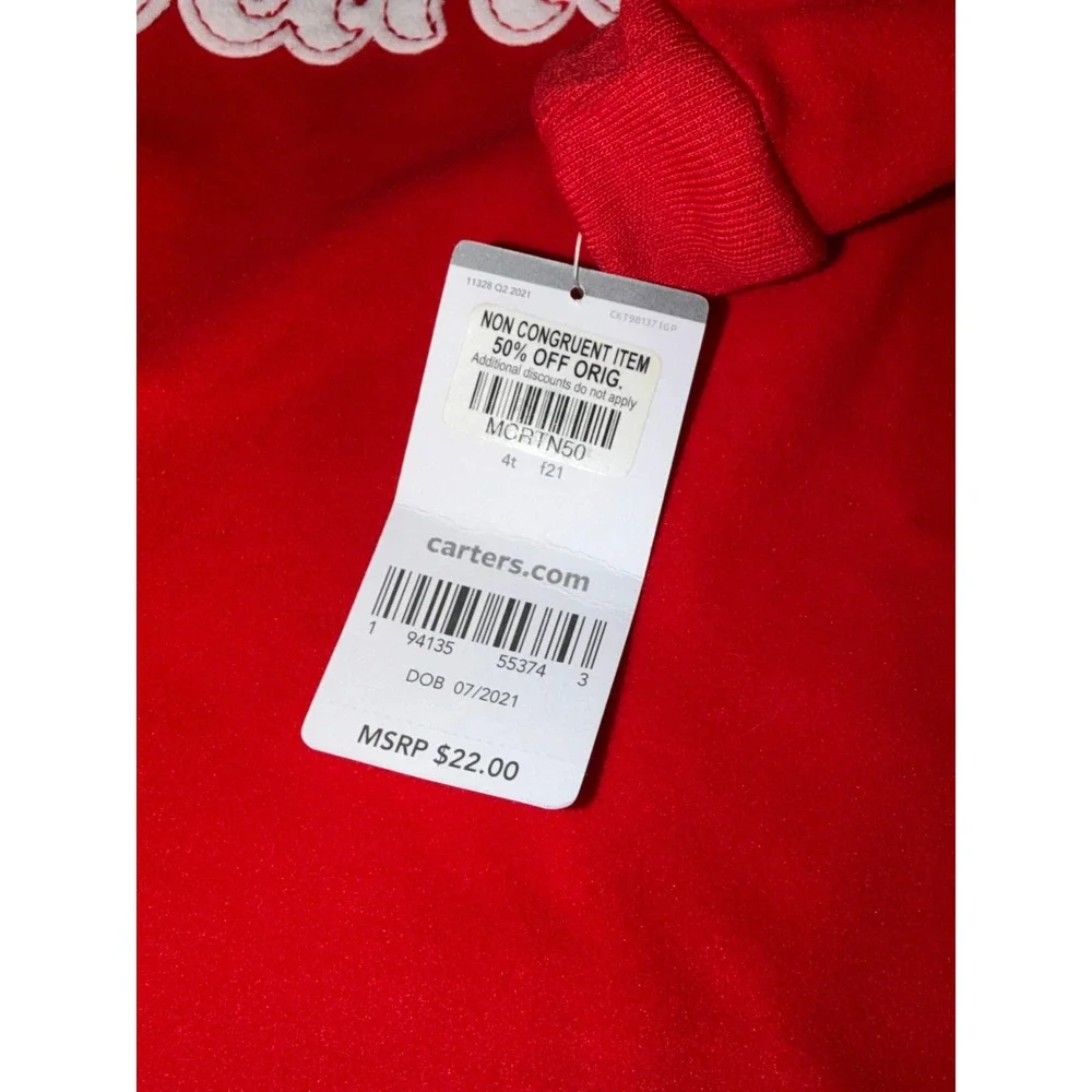 Carters Kids Red Team Santa Long Sleeve Fleece Pullover Sweatshirt, Size 4T, NWT